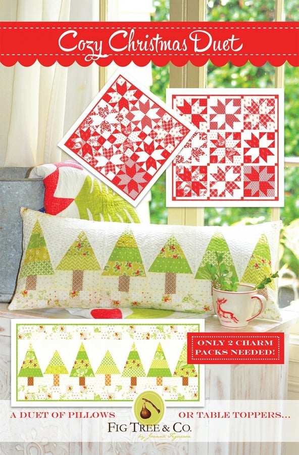 Cozy Christmas Duet quilt pattern featuring seasonal pillows and table toppers with festive tree designs.
