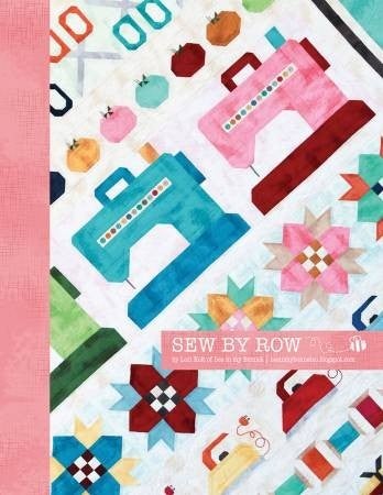 Sew By Row quilt booklet cover featuring colorful sewing machines and quilt block patterns