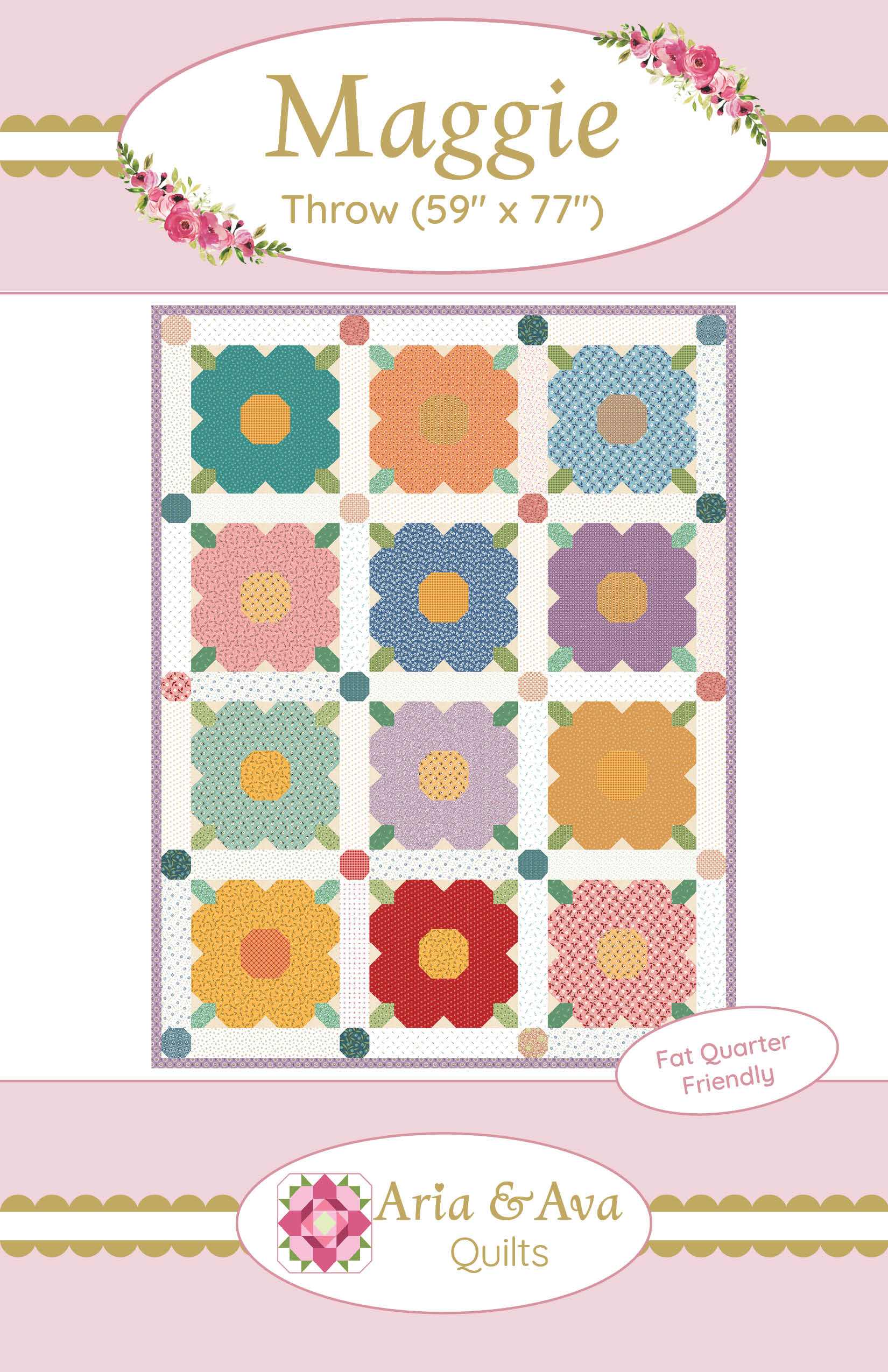 Maggie by Aria & Ava Quilts downloadable pattern for colorful floral patchwork throw quilt