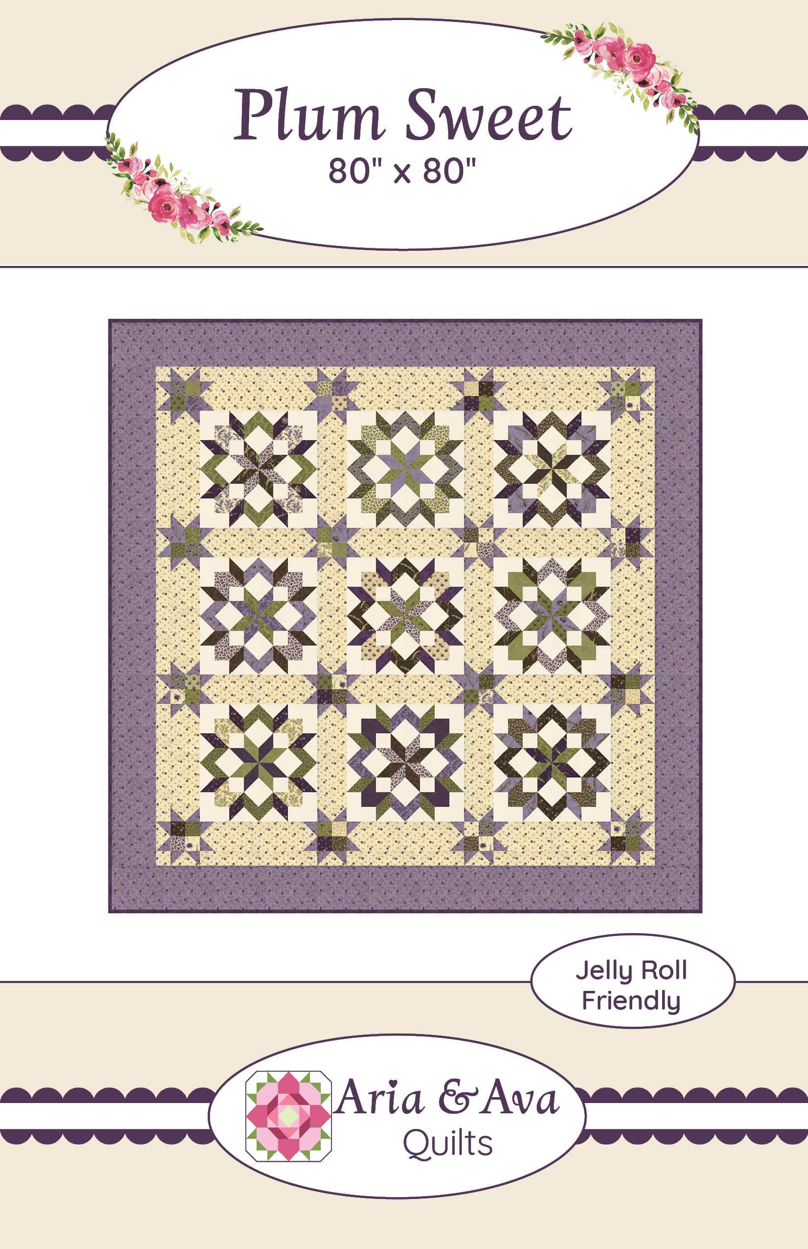 Plum Sweet quilt pattern with half square triangles and stitch and flip sashing in purple and cream tones