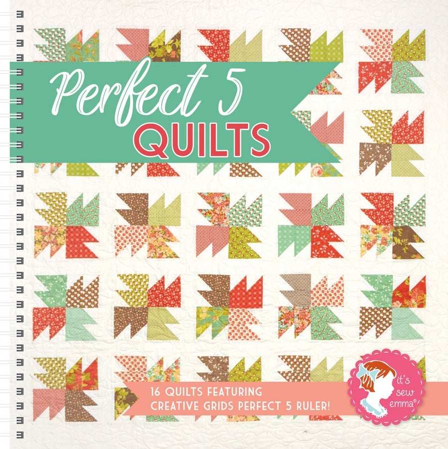 Perfect 5 Quilts book cover with colorful 5-inch charm square quilt patterns and creative grid designs