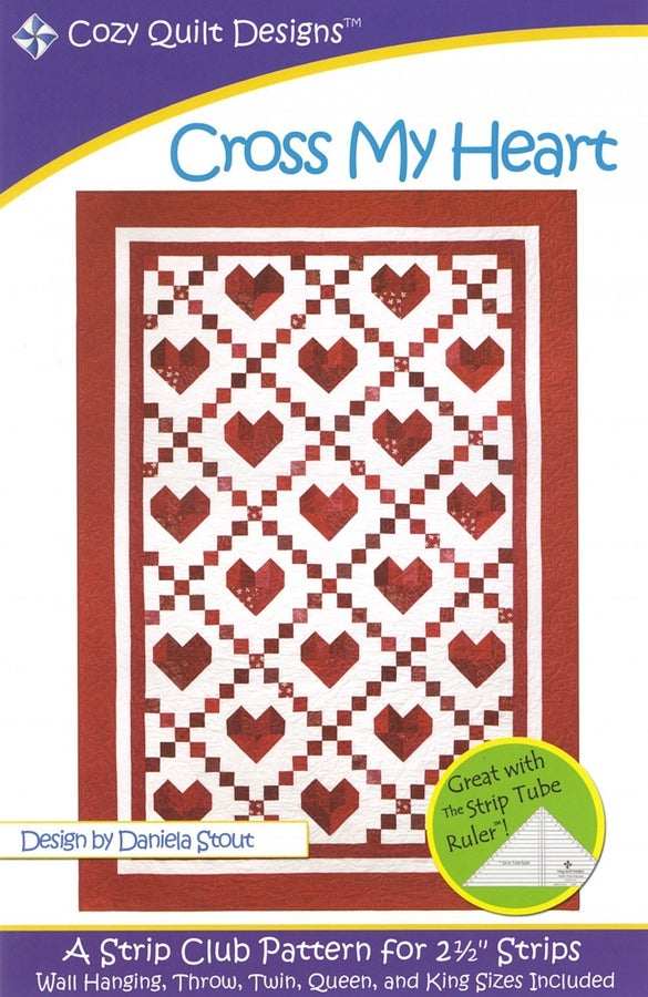 Strip Club Cross My Heart quilt pattern with heart and chain blocks in red and white colors for cozy quilting projects