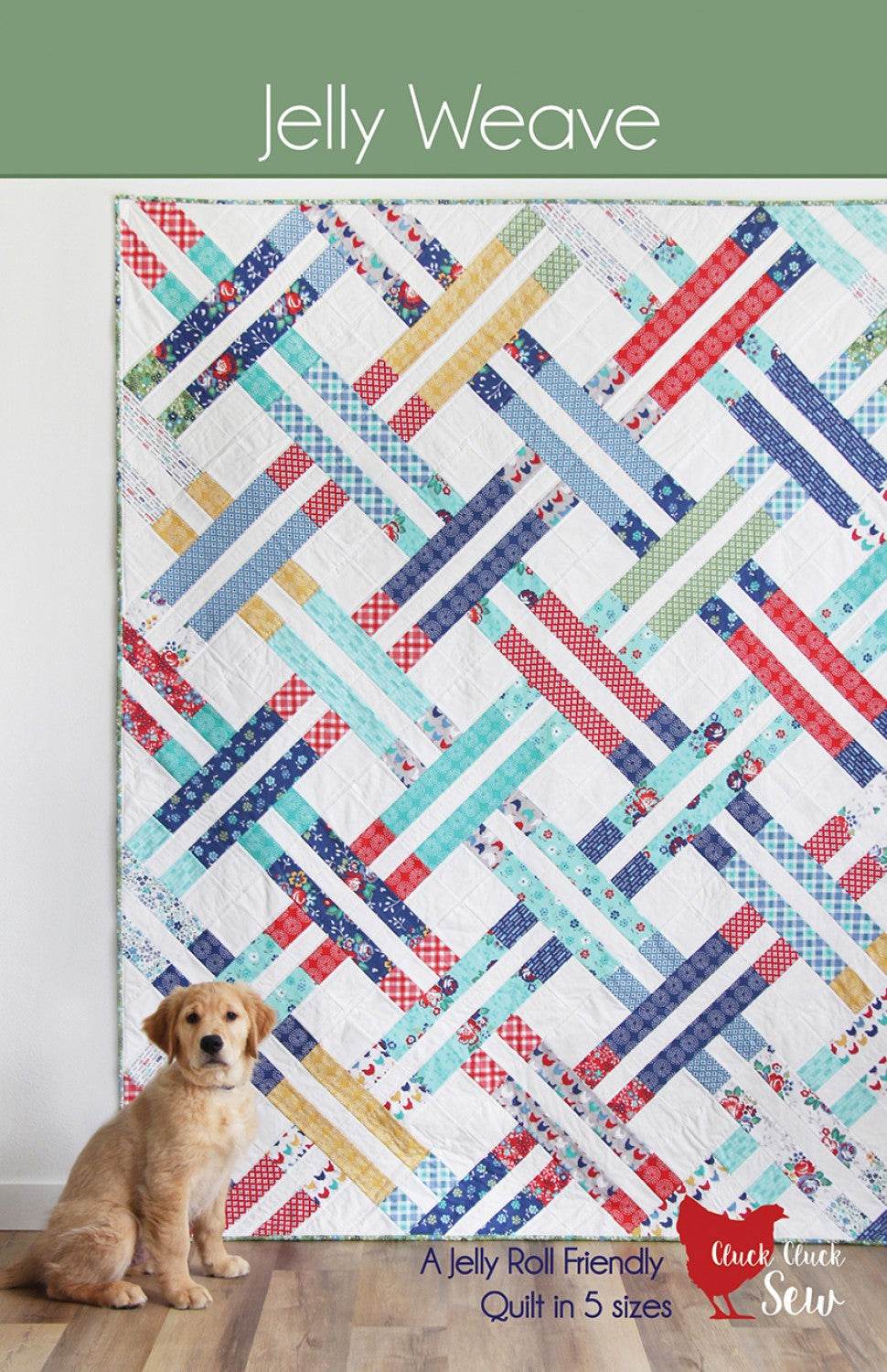 Jelly Weave quilt pattern by Cluck Cluck Sew featuring colorful jelly roll strips with dog sitting beside quilt