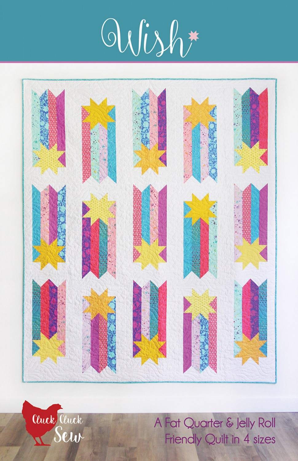 Wish by Cluck Cluck Sew whimsical shooting star quilt pattern with vibrant colors, fat quarter and jelly roll friendly, available in 4 sizes