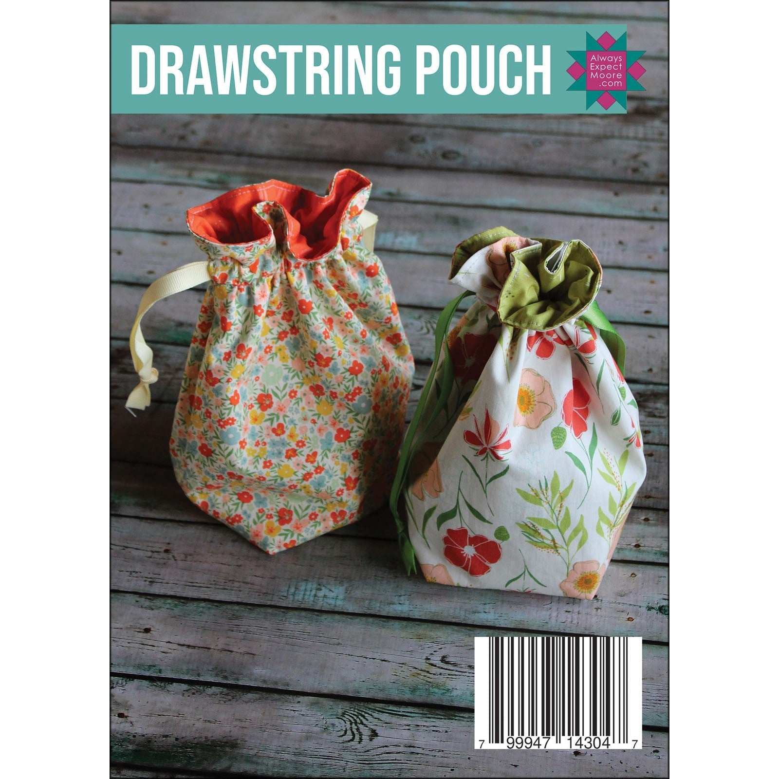 Colorful floral fabric drawstring pouch bags by Carolina Moore on wooden surface