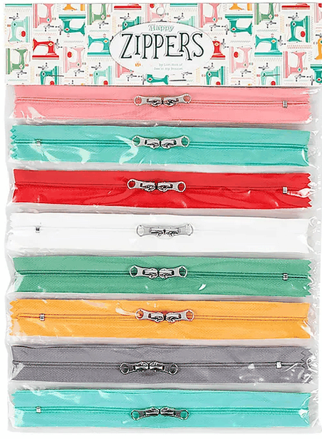 My Happy Place Zippers set with 8 colorful 16-inch zippers by Lori Holt for Riley Blake Designs