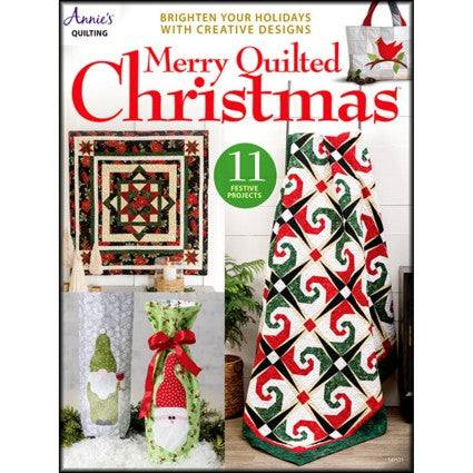 Merry Quilted Christmas book cover with 11 festive quilt designs for holidays including table toppers, bed quilts, and wall hangings