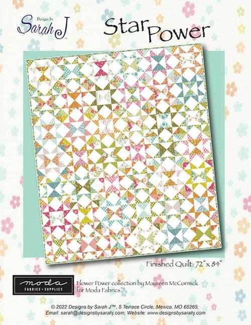 Star Power quilt pattern by Designs by Sarah J. featuring colorful star blocks, fat-quarter friendly, 72x84 inches finished size