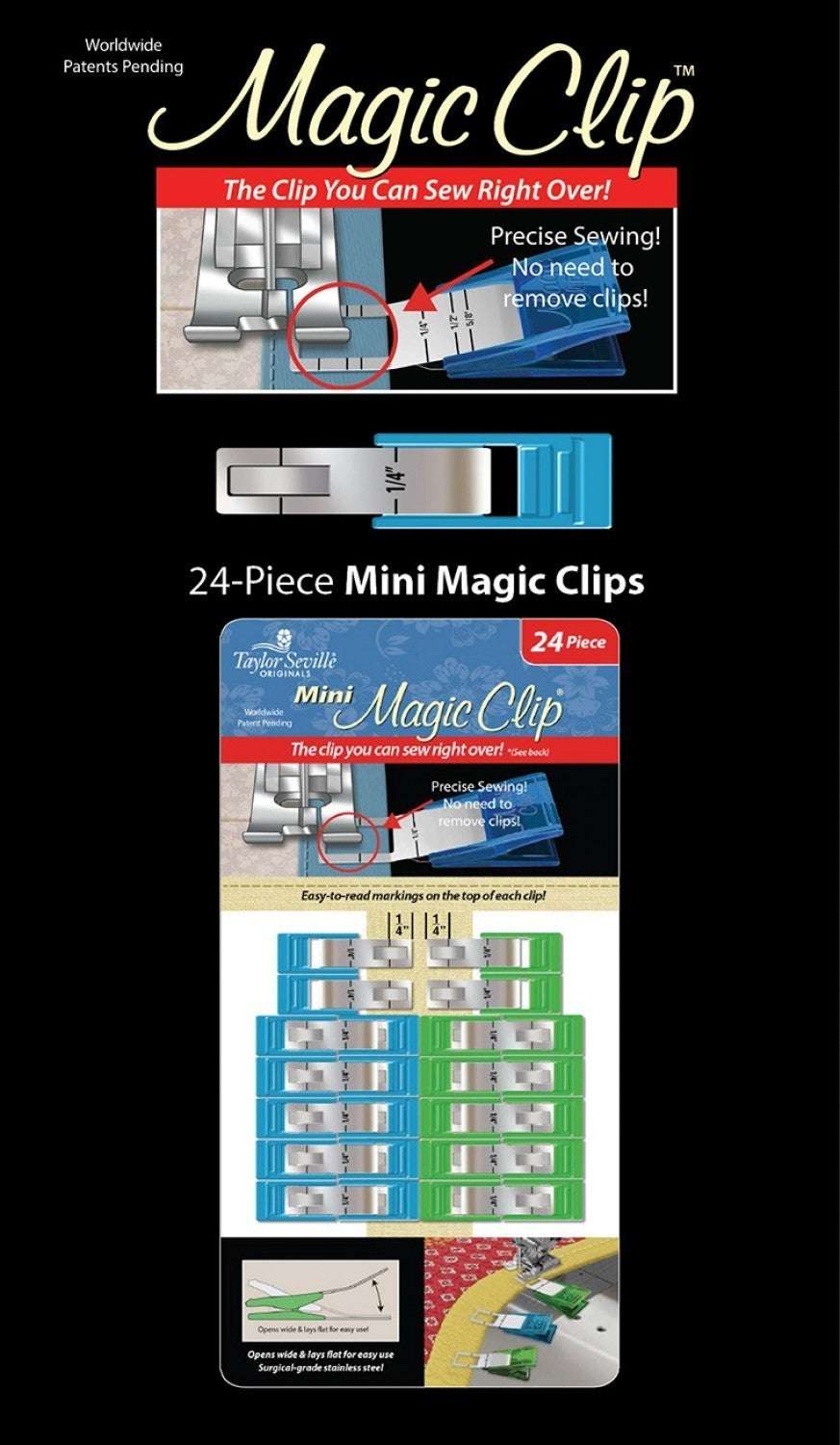 Magic Clip Mini 24 piece sewing clips with precise 1/4 inch markings and surgical grade stainless steel construction