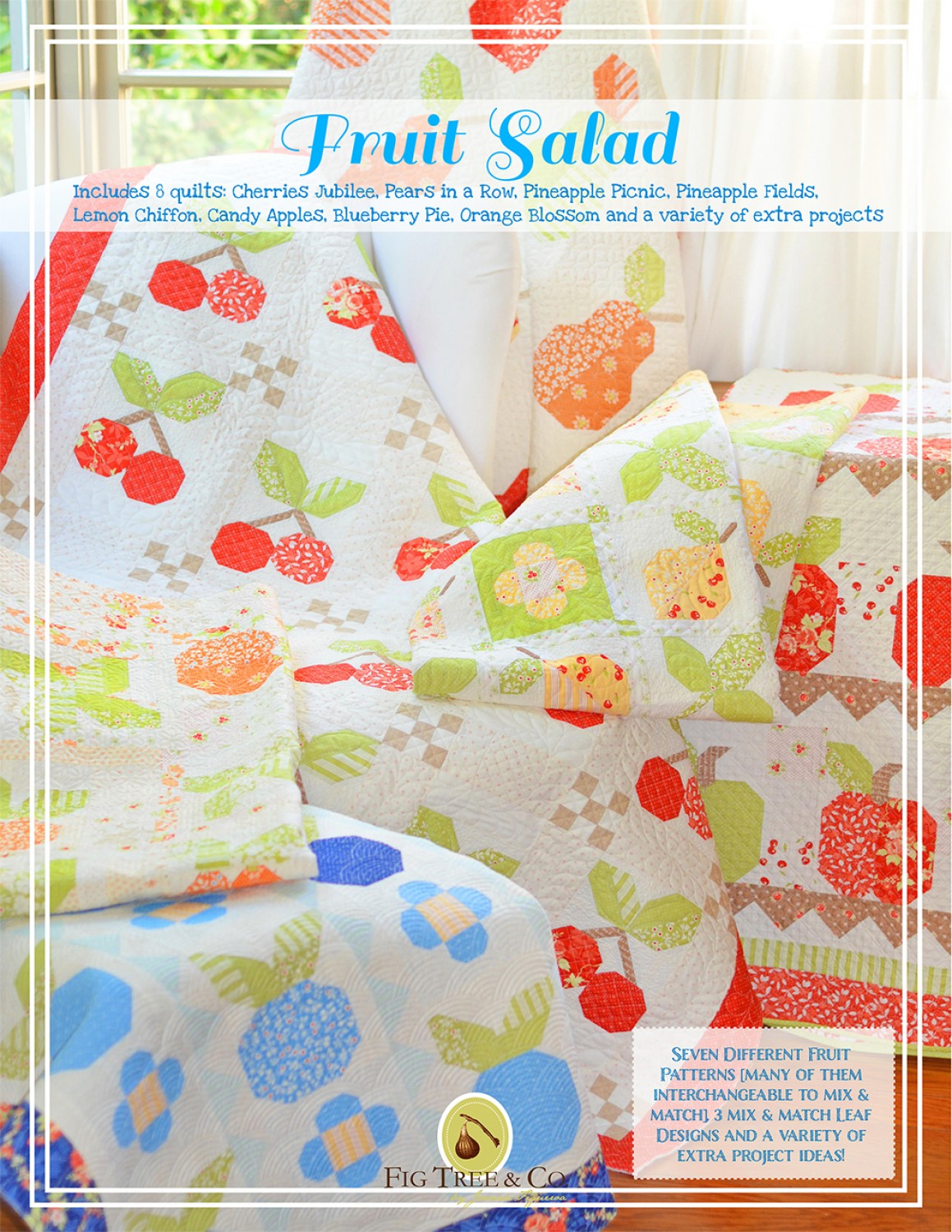Colorful fruit pattern quilts showcasing cherries, pears, oranges, and blueberries from Fruit Salad by Fig Tree Quilts