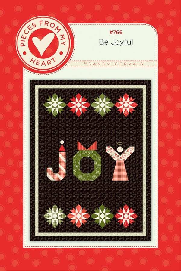 Be Joyful Quilt Pattern with candy cane, wreath, angel spelling JOY on dark background, 51x68 inches