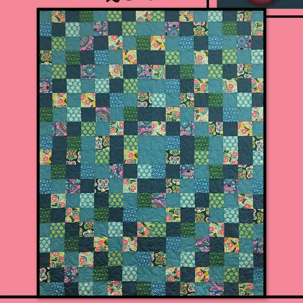 Antique quilt pattern card by Villa Rosa Designs with colorful patchwork squares and floral accents