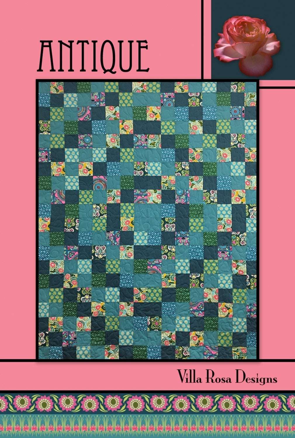 Antique quilt pattern card by Villa Rosa Designs with colorful patchwork squares and floral accents