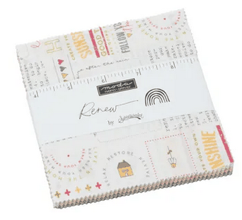 Renew Charm Pack by Sweetwater Moda with colorful confetti, rainbows, stripes, and text fabric squares