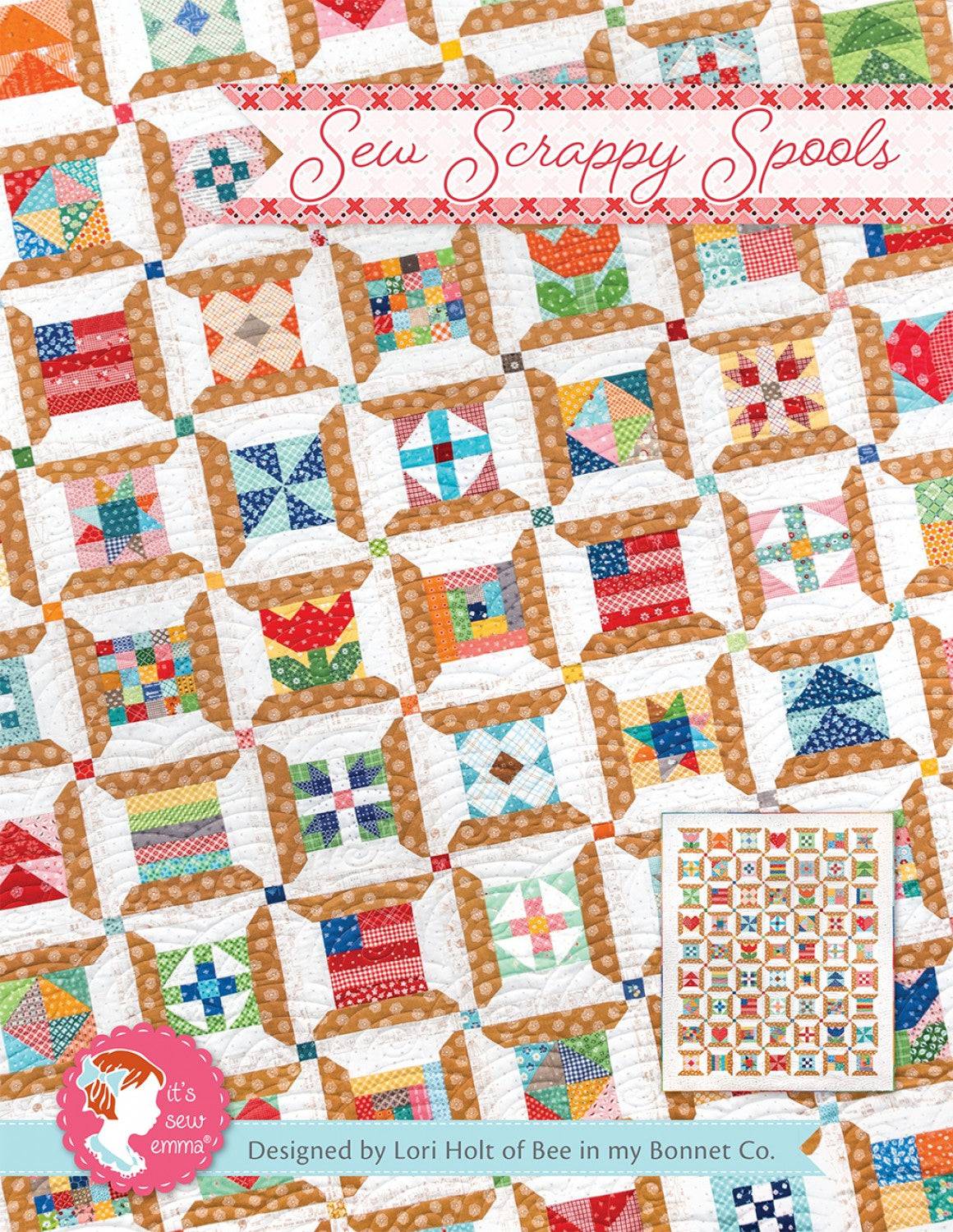 Sew Scrappy Spools quilt pattern with colorful scrappy blocks and spool design by It's Sew Emma