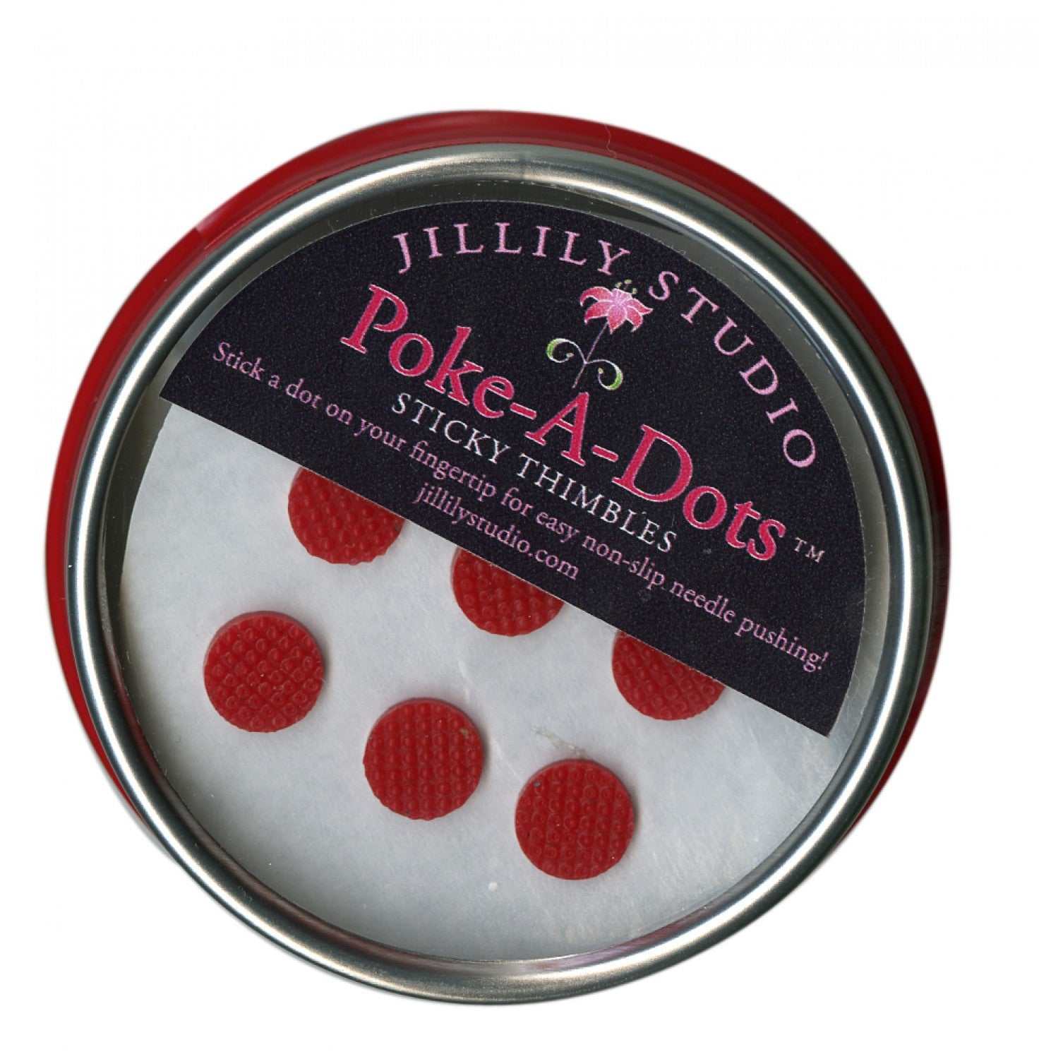 Poke-A-Dots Sticky Thimbles red non-slip fingertip dots in round metal tin for sewing needle grip and protection