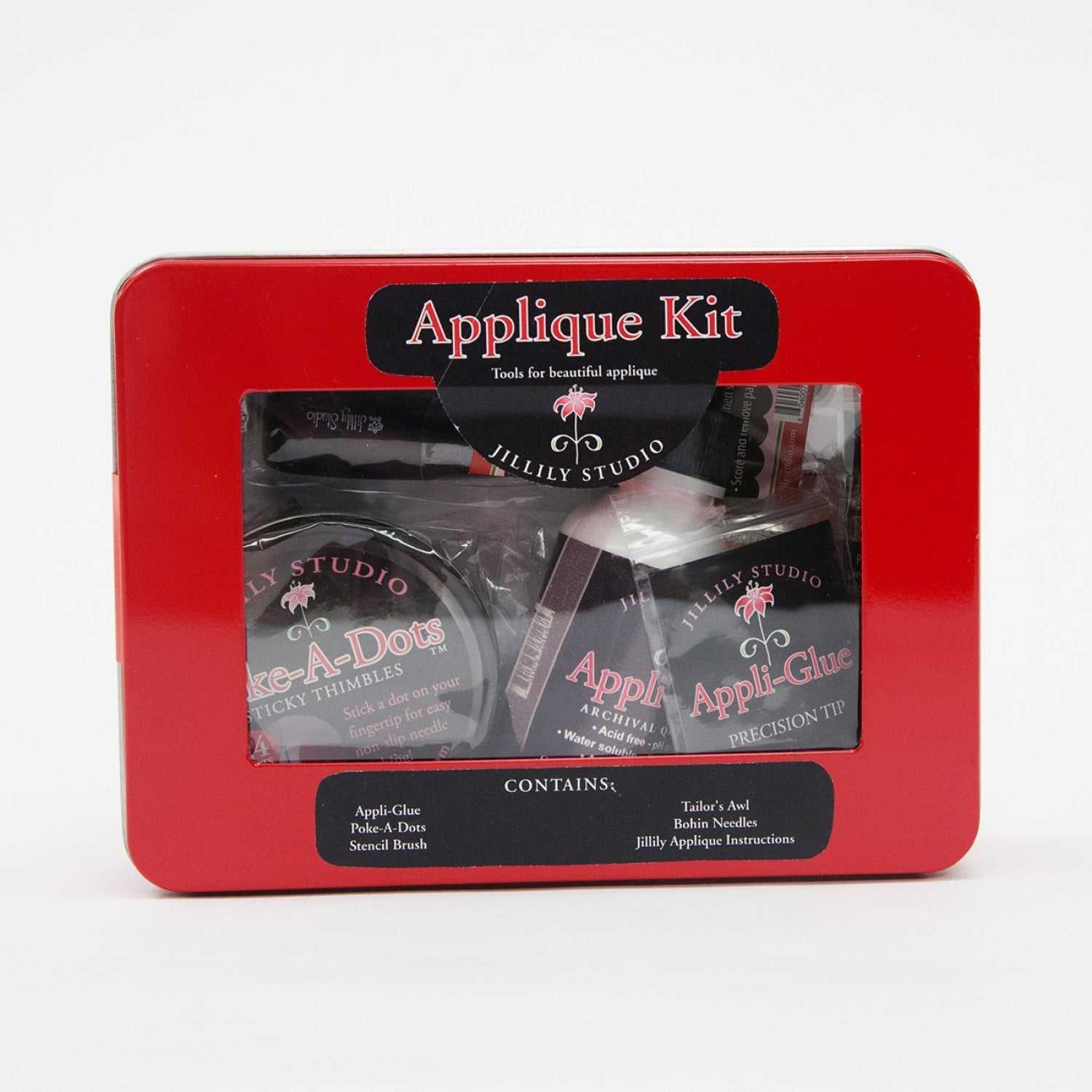 Applique Kit from Jillily Studio with glue, needles, poke-a-dots, and brush in red tin packaging