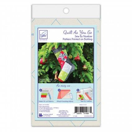 Quilt As You Go holiday stocking sew-by-number pattern with squares on batting by June Tailor