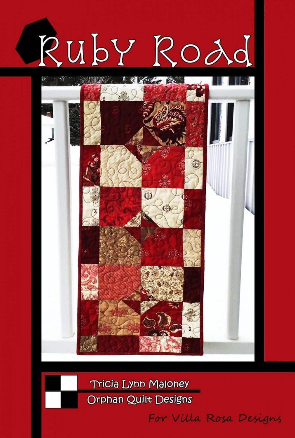 Ruby Road table runner quilt pattern with red and beige charm pack fabrics by Villa Rosa Designs