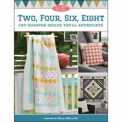 Two Four Six Eight quilt patterns with colorful fat-quarter fabric designs displayed on a blanket, pillow, and wall hanging