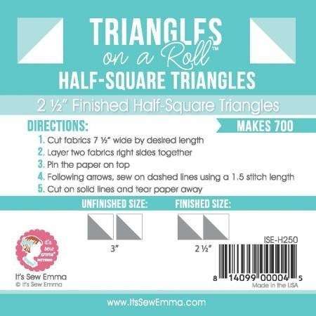 Triangles on a Roll 2.5 inch half-square triangle sewing template with instructions and fabric cutting guide