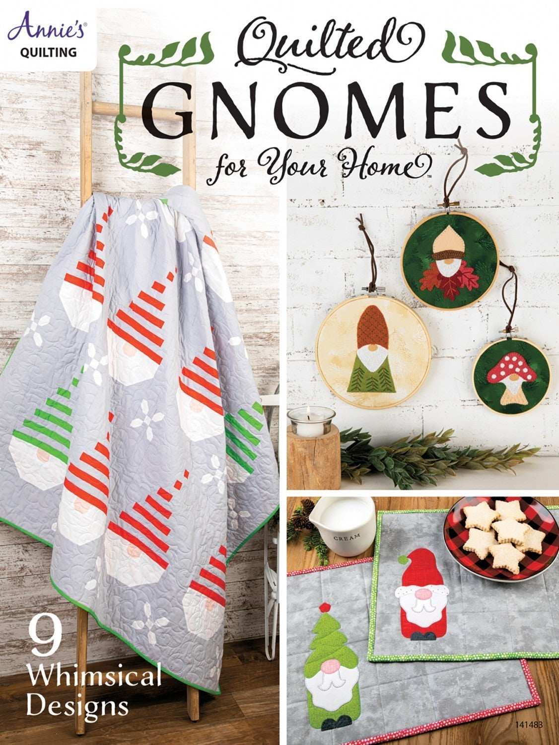 Quilted gnome-themed home decor including a quilt and hanging ornaments with whimsical designs