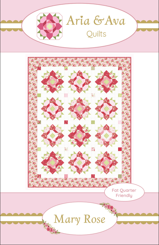 Mary Rose Quilt pattern by Aria & Ava Quilts featuring rose blocks and floral border design