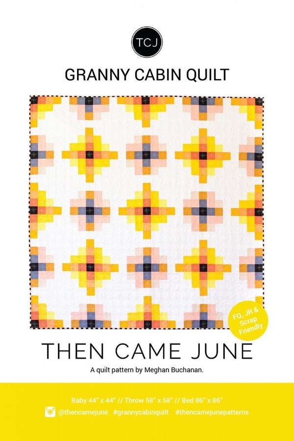Granny Cabin Quilt Pattern featuring simple strip pieced patchwork in warm colors, beginner friendly design.