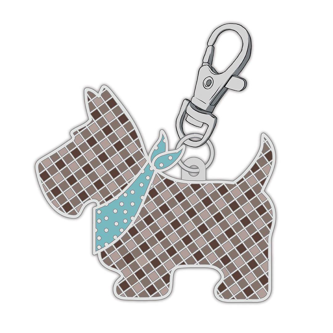 Bee Vintage Happy Charms Scottie Dog keychain with checkered pattern and blue polka dot scarf