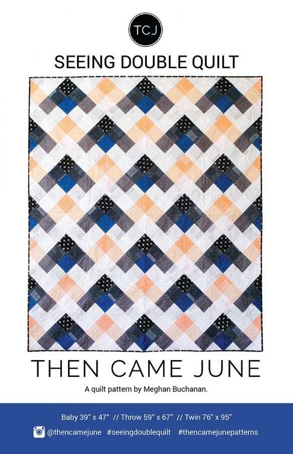 Seeing Double quilt pattern featuring modern gingham and buffalo check design in blue, peach, and black colors