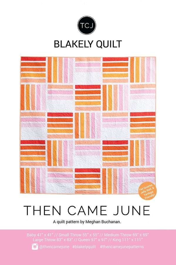 Blakely Quilt Pattern featuring simple watercolor stroke design in pink, orange, and red hues, beginner friendly with six size options.