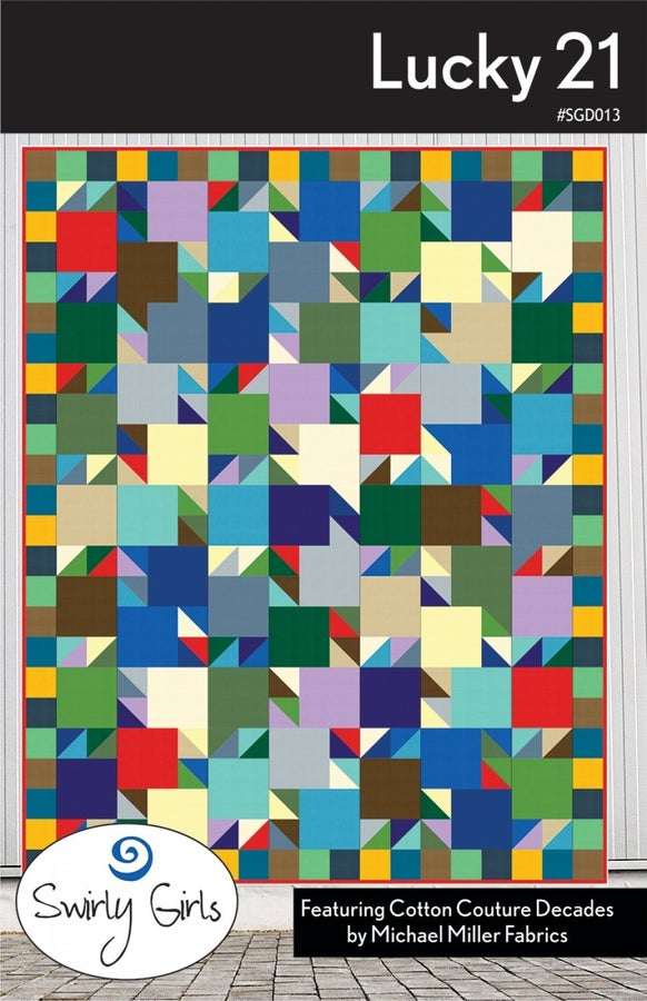 Lucky 21 Quilt Pattern with colorful geometric swirls by Swirly Girls, 52x72 inches finished size