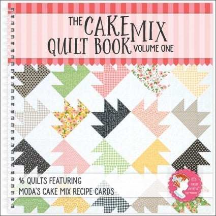 The Cake Mix Quilt Book cover with colorful quilt patterns and recipe cards for quilting projects