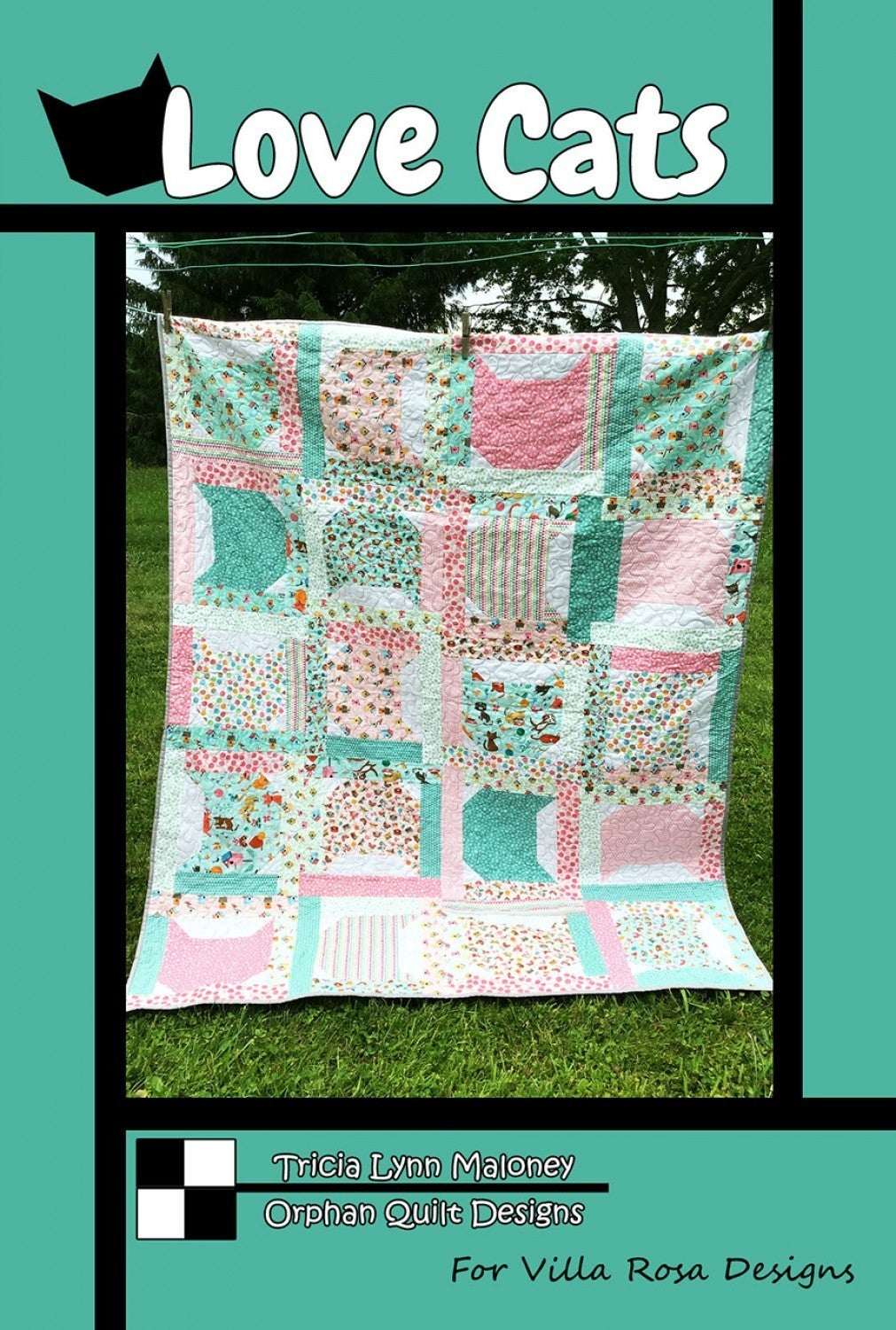 Love Cats quilt pattern by Villa Rosa Designs with pastel cat-themed fabric blocks, 52x65 inches