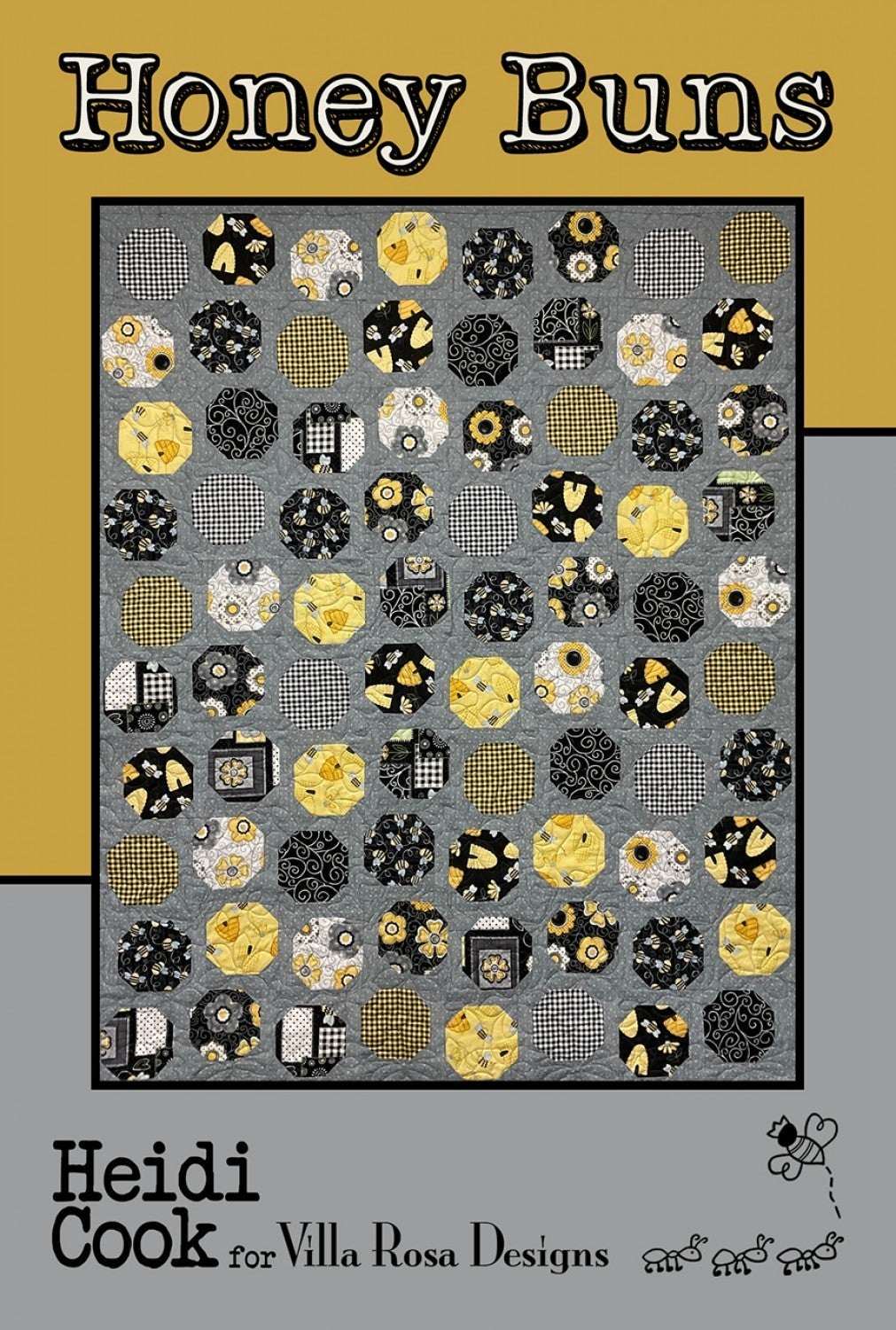 Honey Buns quilt pattern by Villa Rosa Designs featuring yellow and black circular patchwork design, 47x57 inches, charm pack friendly