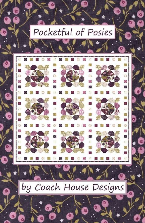 Pocketful of Posies Quilt Pattern by Coach House Designs featuring scrappy flower blocks with scrappy sashing in a 76-inch lap quilt using a layer cake