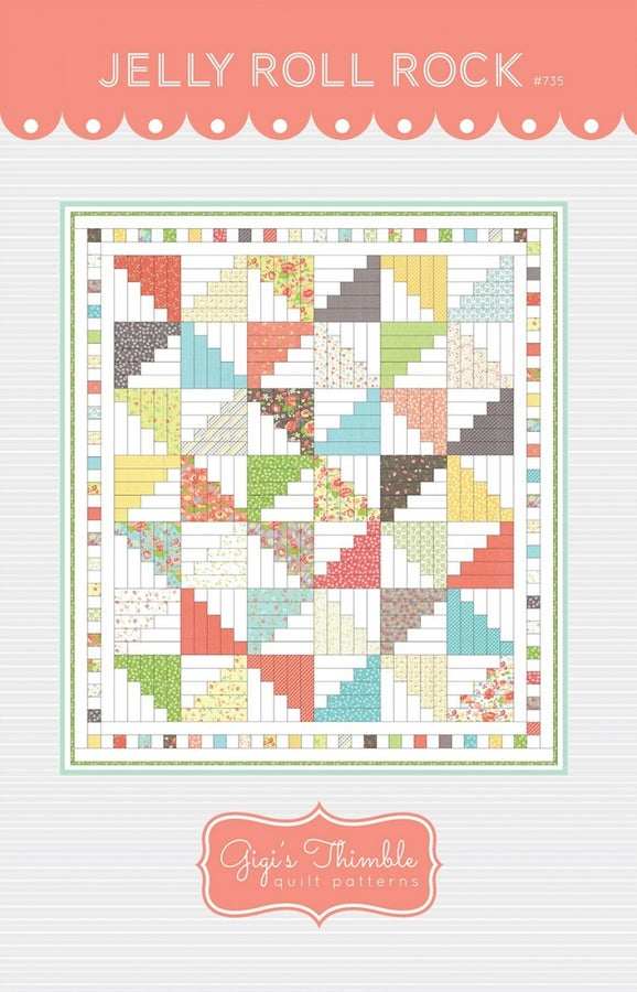 Jelly Roll Rock quilt pattern by Gigi's Thimble with instructions for two quilt sizes and colorful geometric design