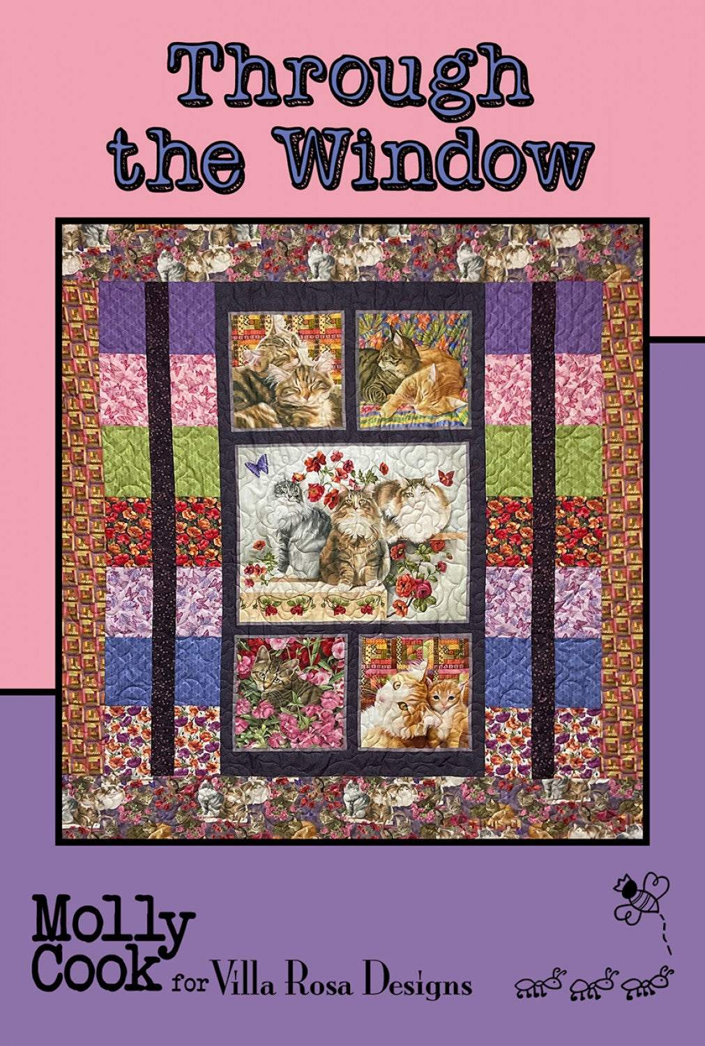 Through the Window quilt pattern card by Molly Cook featuring cat panels and colorful patchwork border