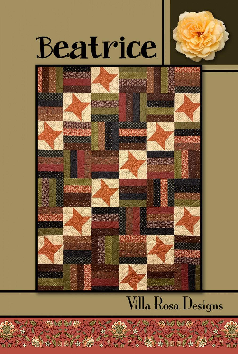 Beatrice by Villa Rosa Designs quilt pattern card with autumn star blocks and earthy tones, 54x72 inches.