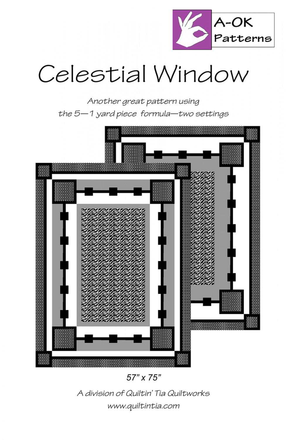 Celestial Window quilt pattern by Quiltin' Tia Quiltworks featuring a 57x75 inch design with large fabric center or panel use