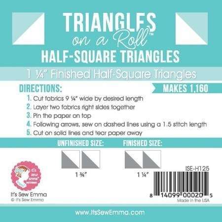 Triangles on a Roll 1.25 inch half-square triangle sewing paper roll with instructions and pattern