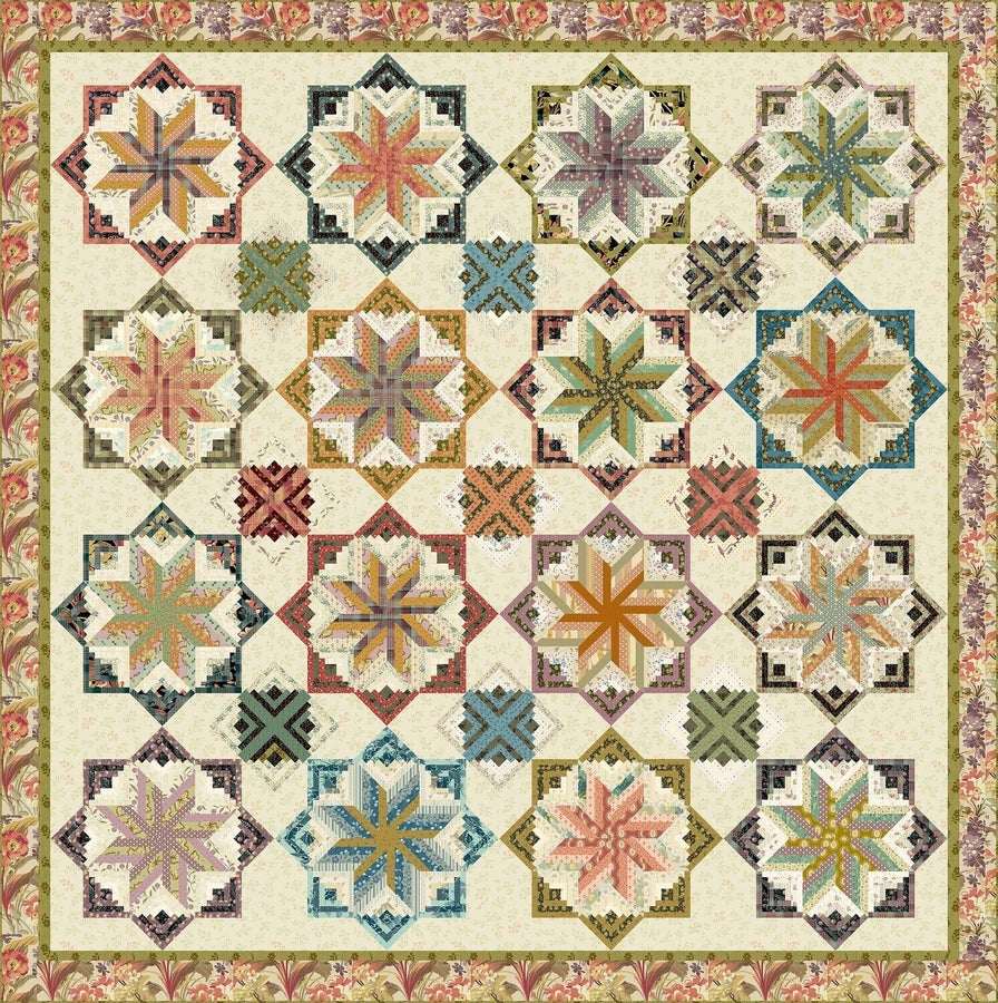 Eldon Quilt Pattern with star and log cabin blocks in pastel and muted colors on cream background