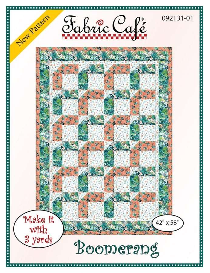 PATTERN Boomerang quilt pattern by Fabric Cafe with floral and geometric design, 42x58 inch size, machine piecing instructions