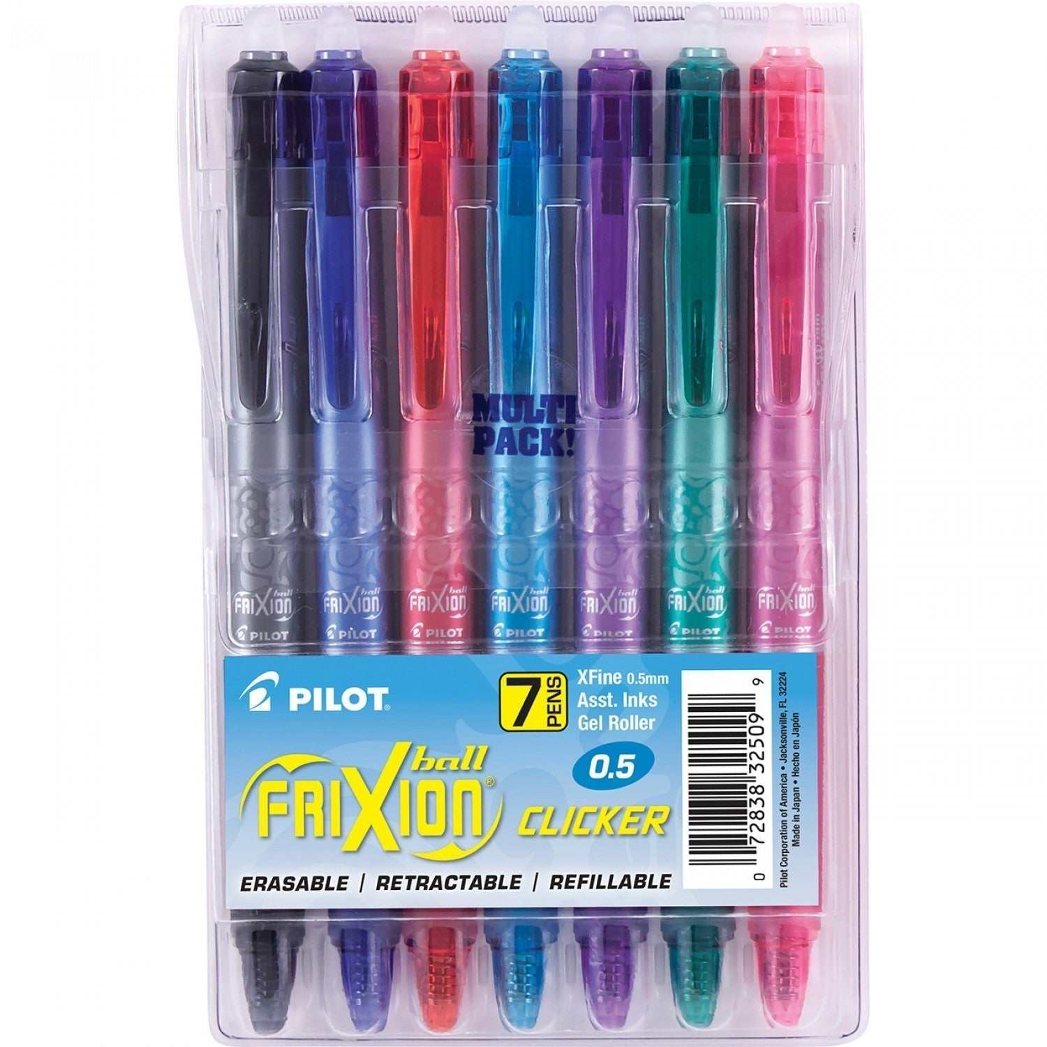 Frixion Clicker Pen Assortment 7-pack extra-fine 0.5mm retractable erasable gel pens in assorted colors