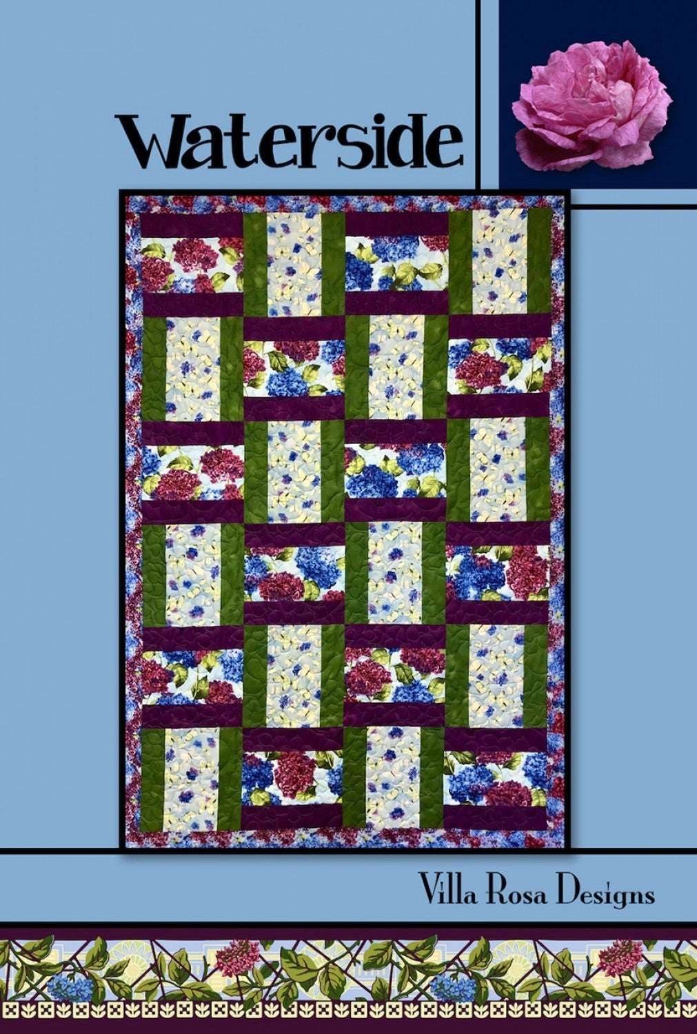 Waterside by Villa Rosa Designs quilt pattern card with floral patchwork and 43x62 inch size