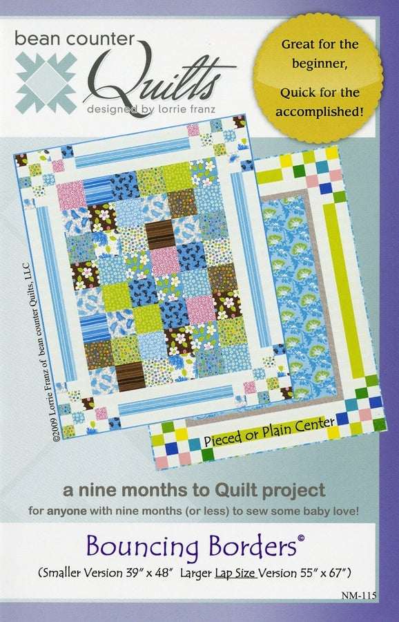 Bouncing Borders Quilt Pattern by Bean Counter Quilts with colorful patchwork design, ideal for beginners, includes instructions for small and lap sizes.