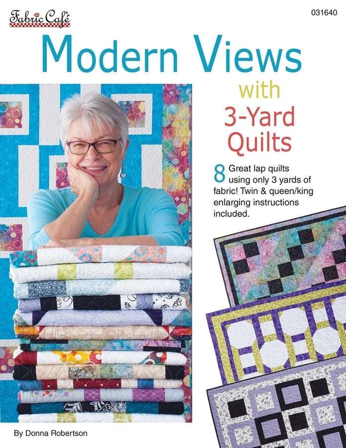 Modern Views with 3-Yard Quilts book showing colorful quilt designs and stacked quilts