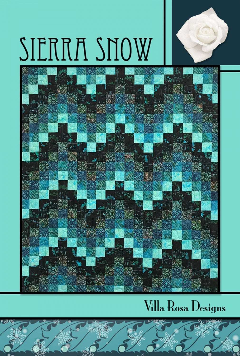 Sierra Snow quilt pattern card by Villa Rosa Designs featuring blue and black patchwork design.