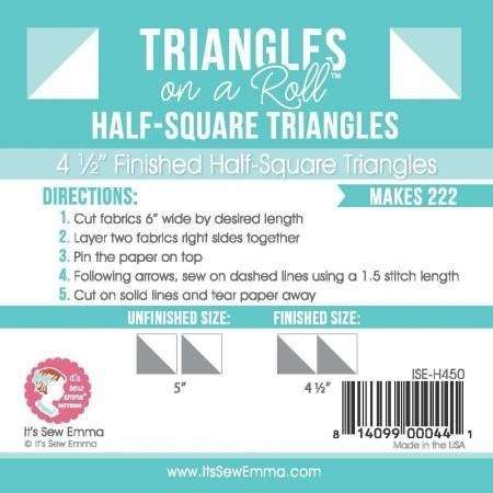 Triangles on a Roll 4.5 inch half-square triangle sewing paper guide by It's Sew Emma