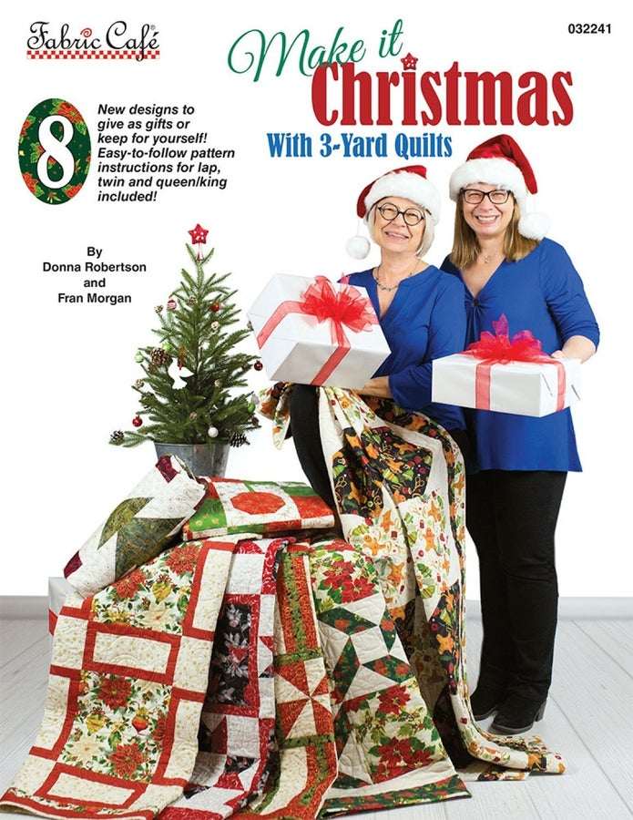 Make It Christmas 3-Yard Quilts book cover with festive quilt designs and smiling women holding gifts